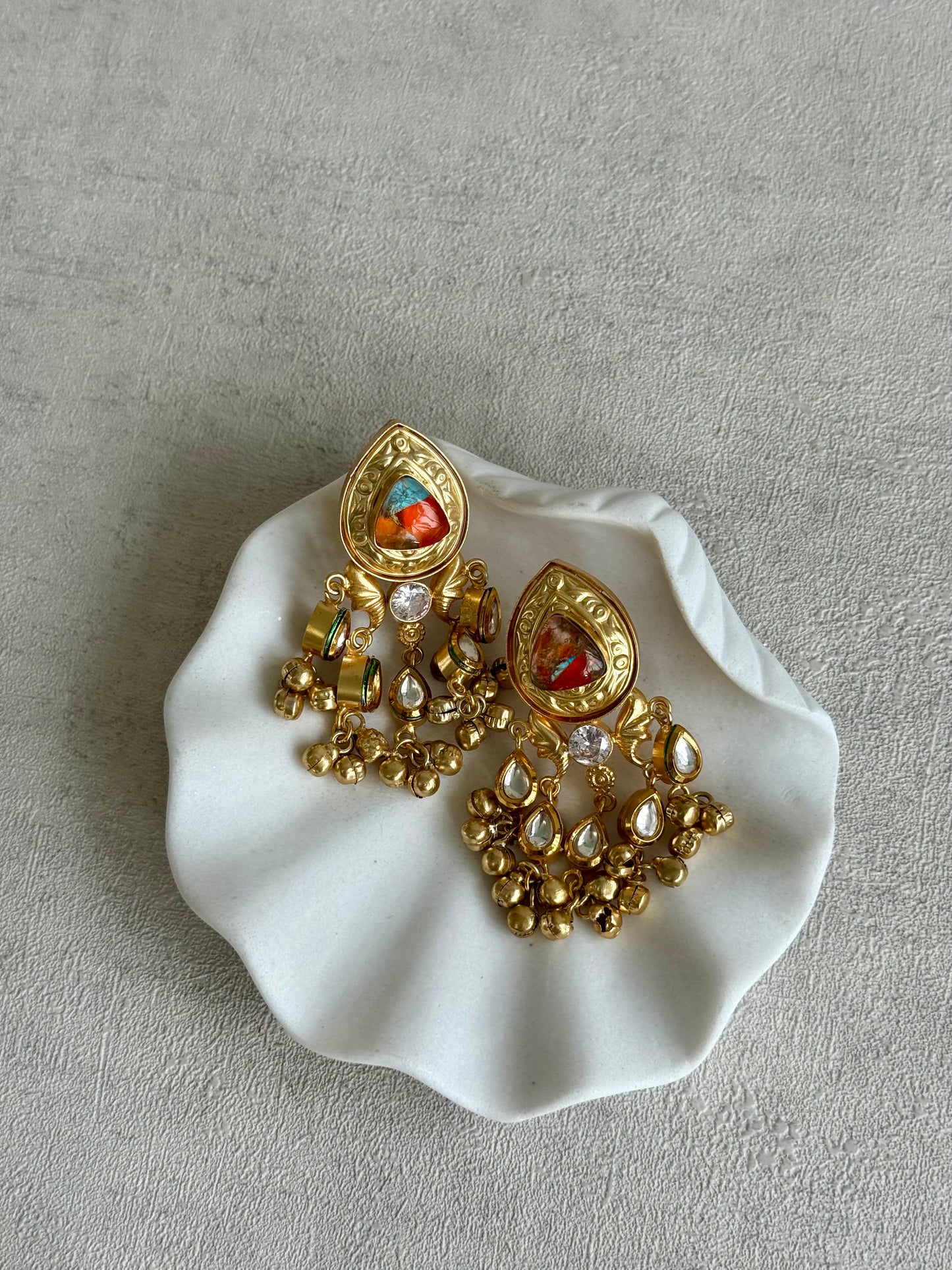 Ayura Designs Arheer Earrings – Orange & Turquoise Marble with Kundan Detailing & Antique Gold Ghungroos