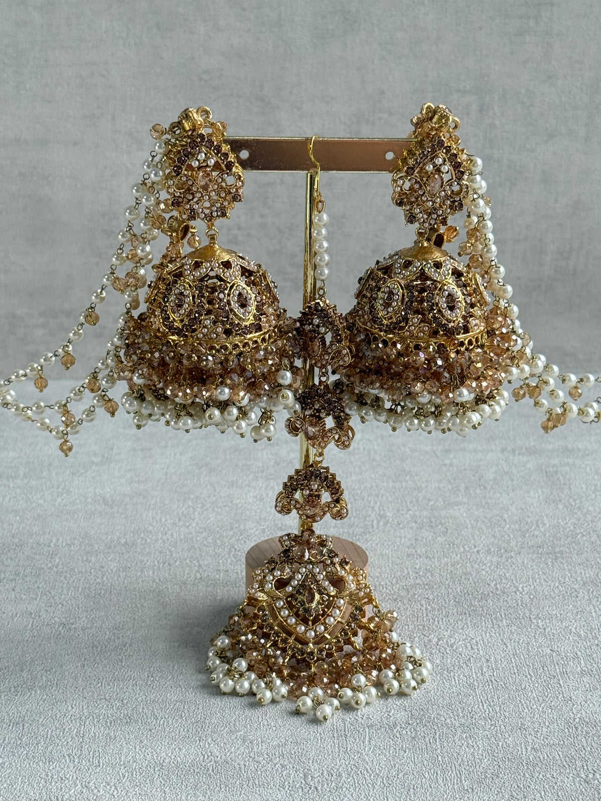 Ayura Designs Safia Tikka Set with Sahare Earrings – Champagne Gold Beads & Pearls