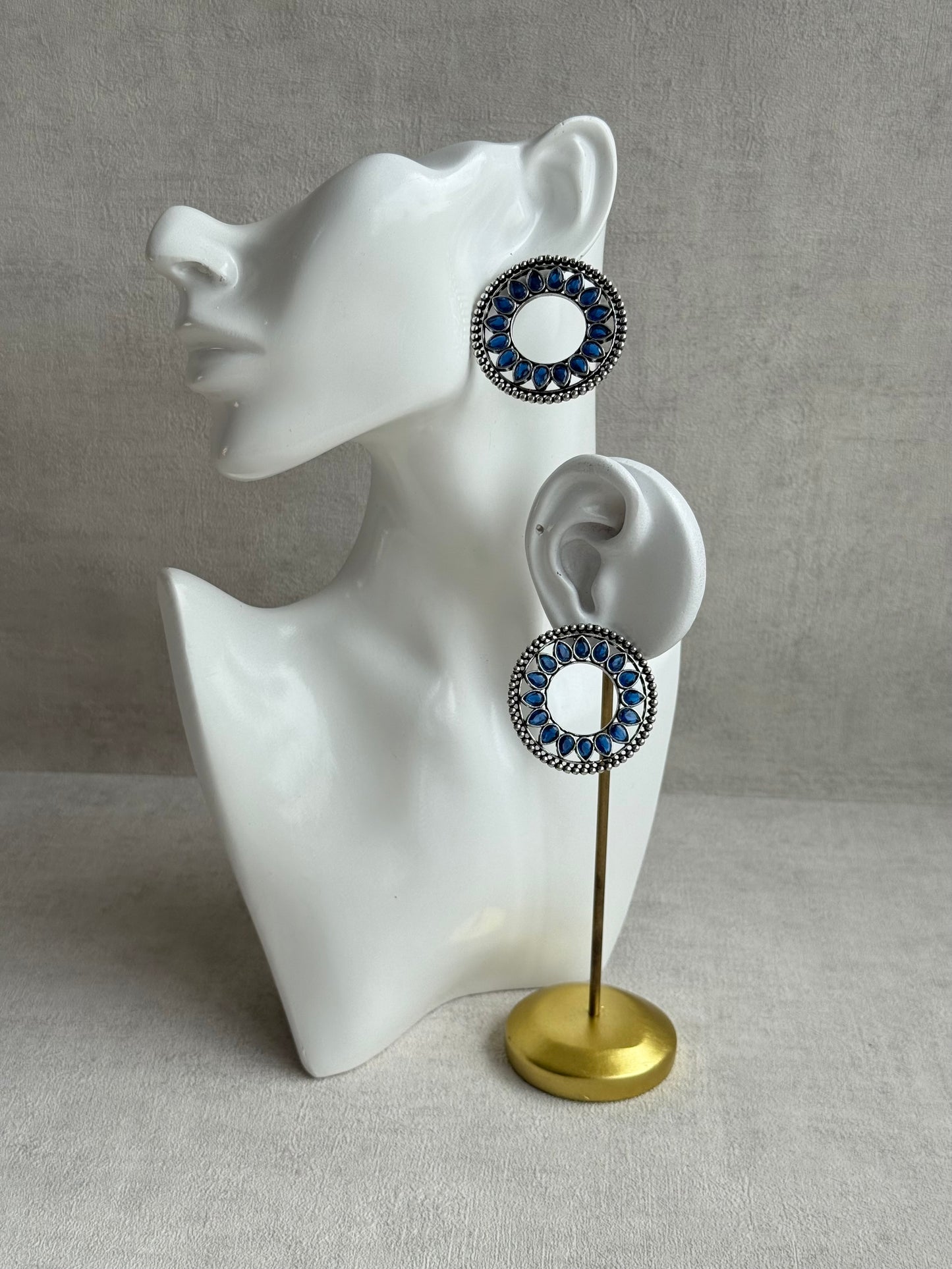 Ayura Designs Kesar Studs – Statement Oxidised Stud Earrings with Ink Blue Stones