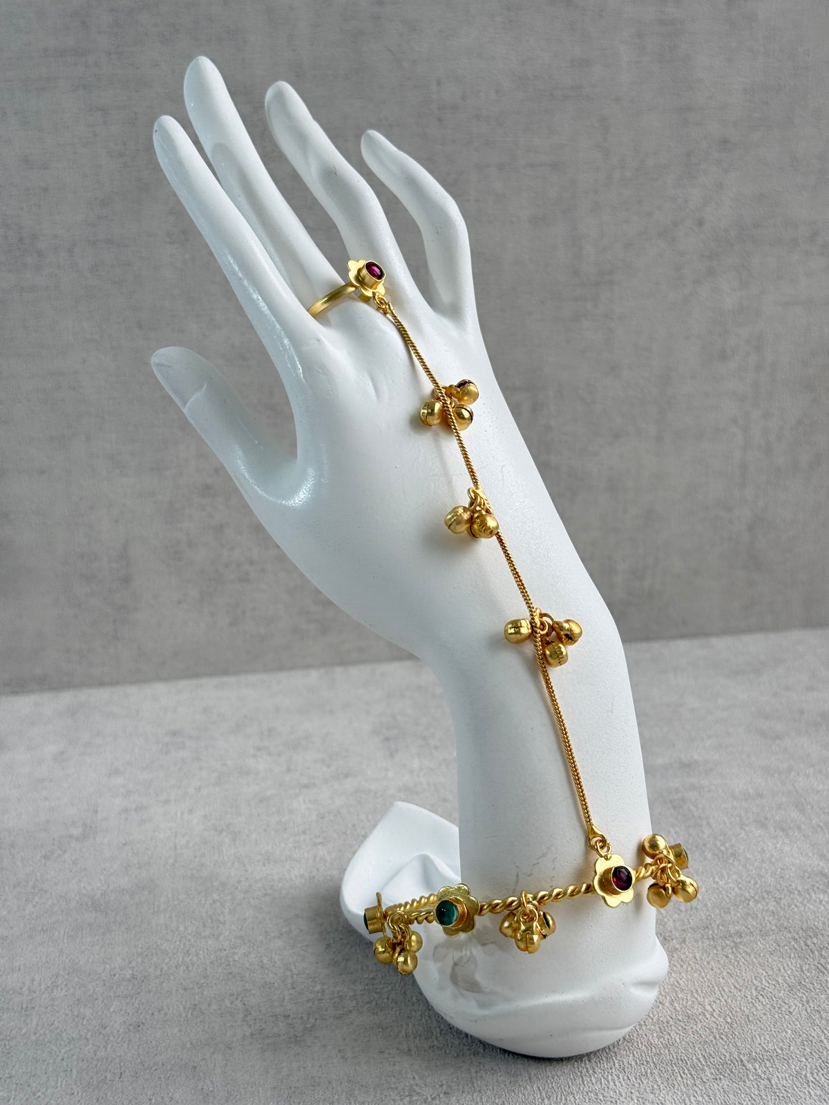 Ayura Designs Kajri Haathphool Set of 2 – Gold Tone Floral Hand Harness with Multicolour Stones & Ghungroo Detailing