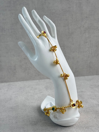 Ayura Designs Kajri Haathphool Set of 2 – Gold Tone Floral Hand Harness with Multicolour Stones & Ghungroo Detailing