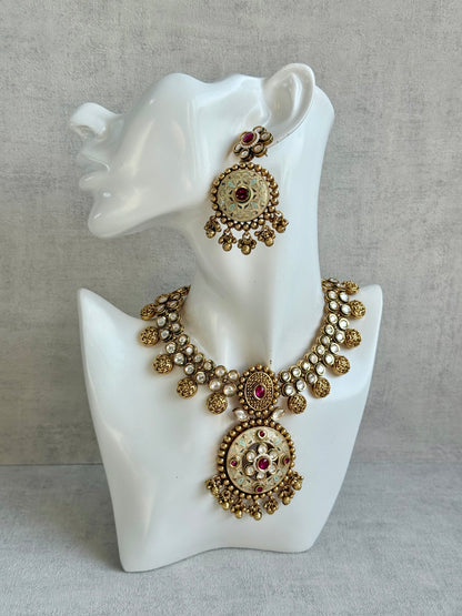 Ayura Designs Zayna Set with Necklace & Earrings – Ivory Meenakari with Rani Pink Stones