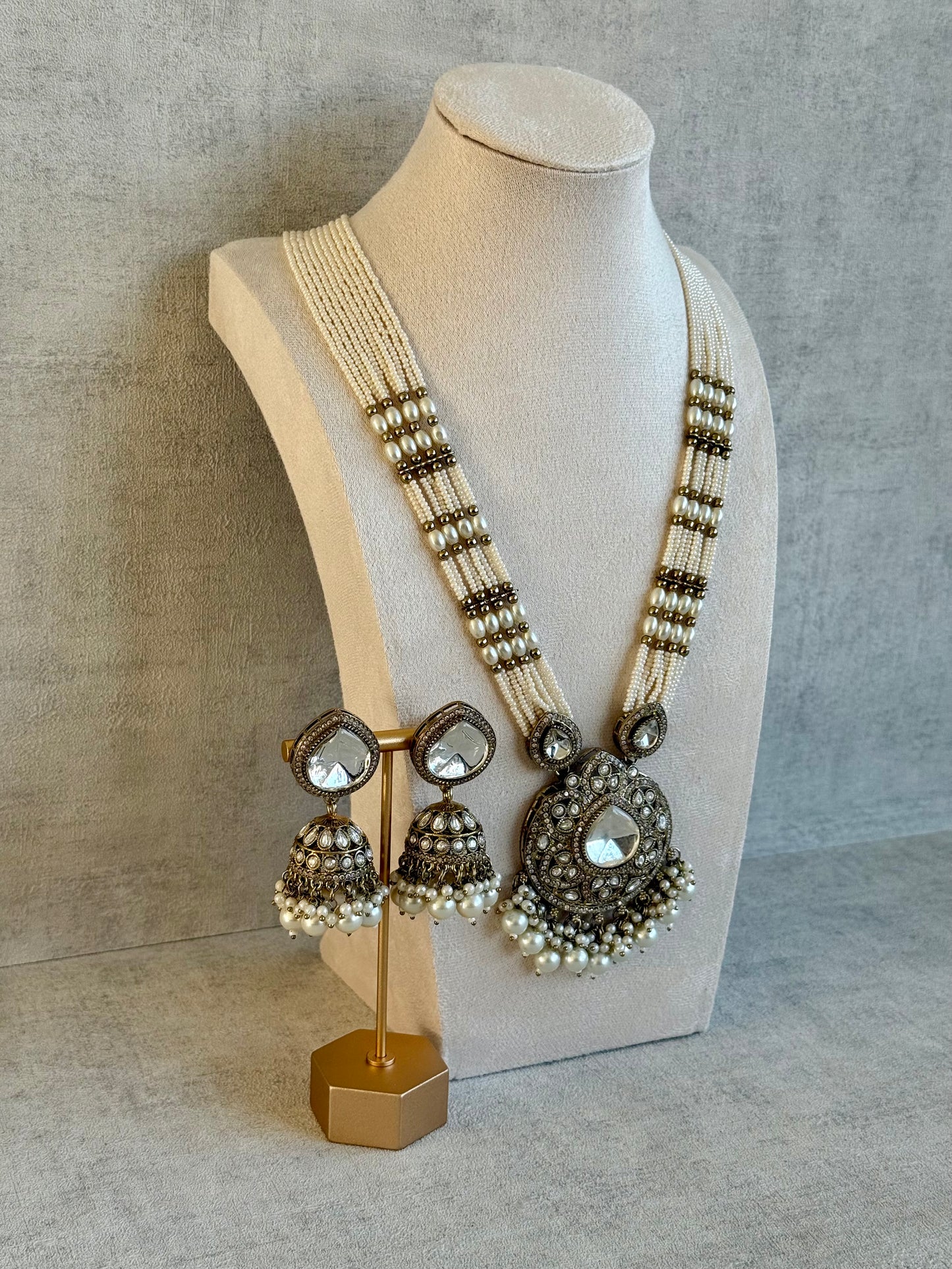 Ayura Designs Brielle Set – Necklace & Jhumkis with Mirror-Cut Stones & Ivory Pearls