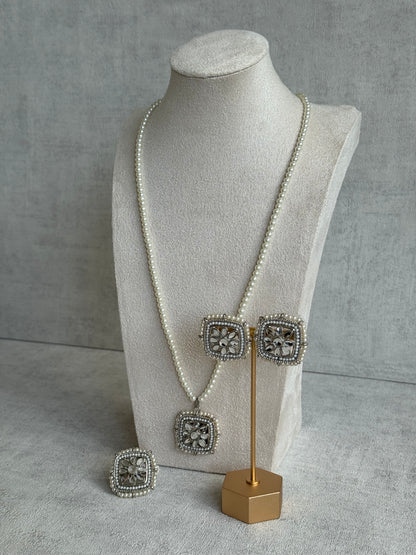 Ayura Designs Roma Pendant Set with Studs & Ring – Silver Beads, Mirror-Cut Polki & Pearl Detailing