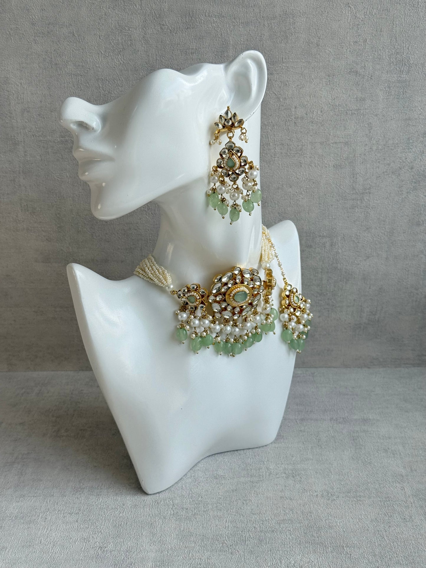 Ayura Designs Tasveer Pachi Kundan Choker Set with Earrings, Tikka & Mint Green Bead Detailing