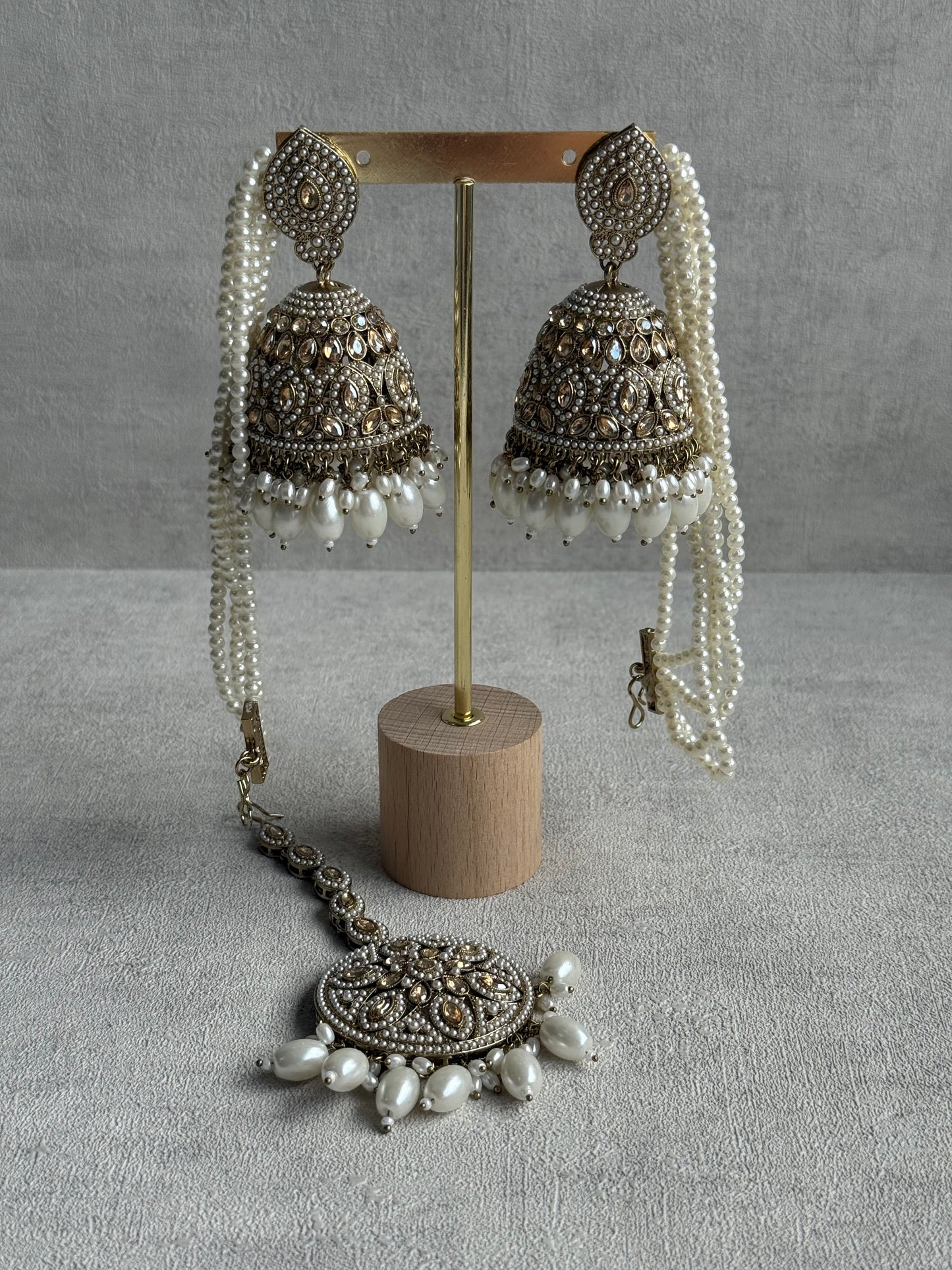 Ayura Designs Amrita Set – Jhumkis with Sahare & Tikka in Ivory Pearls and Antique Gold Finish