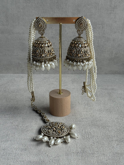 Ayura Designs Amrita Set – Jhumkis with Sahare & Tikka in Ivory Pearls and Antique Gold Finish