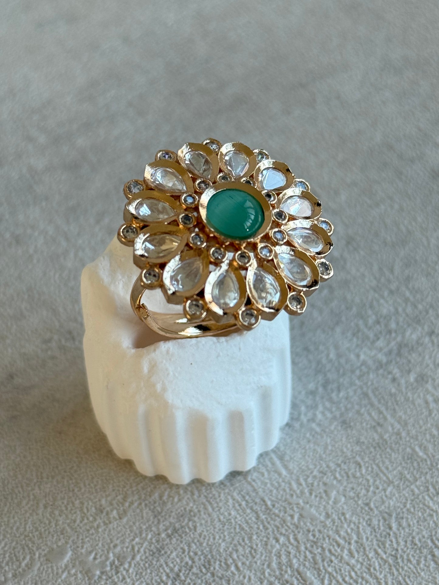Ayura Designs Luisa Adjustable Ring – Mint Centre Stone with Crystal Petal Detailing