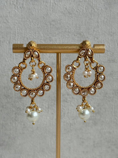 Ayura Designs Rashi Set with Earrings & Tikka – Mirror-Cut Stones with Ivory Pearl Drops in Antique Gold