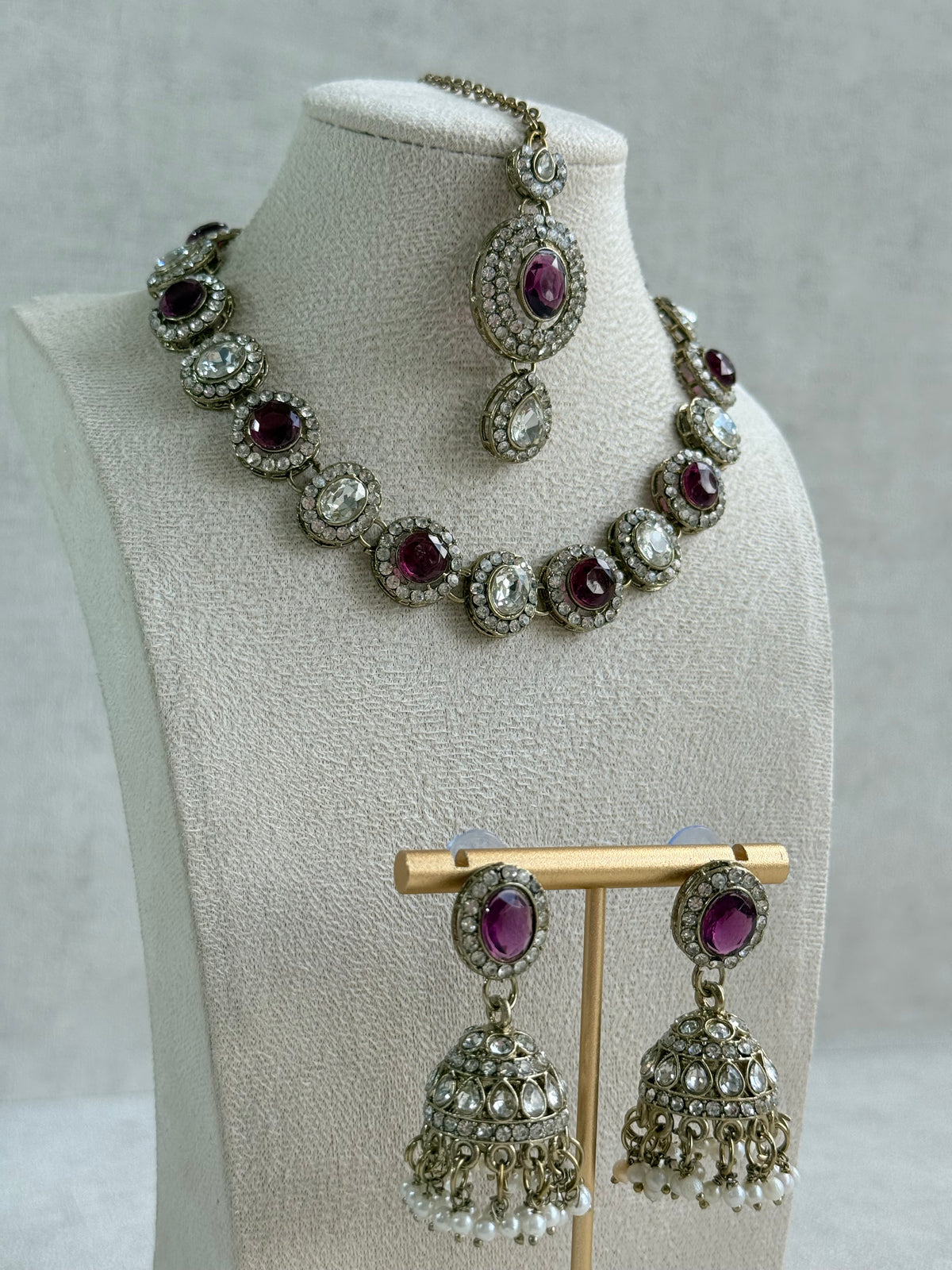 Ayura Designs Eira Necklace Set with Earrings & Tikka – Plum & Crystal Stones with Antique Gold Finish