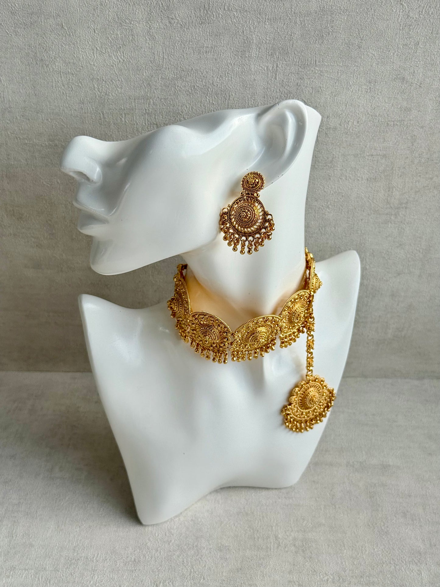 Ayura Designs Rami Choker Set with Earrings & Tikka – Antique Gold Medallions with Ghungroo Drops