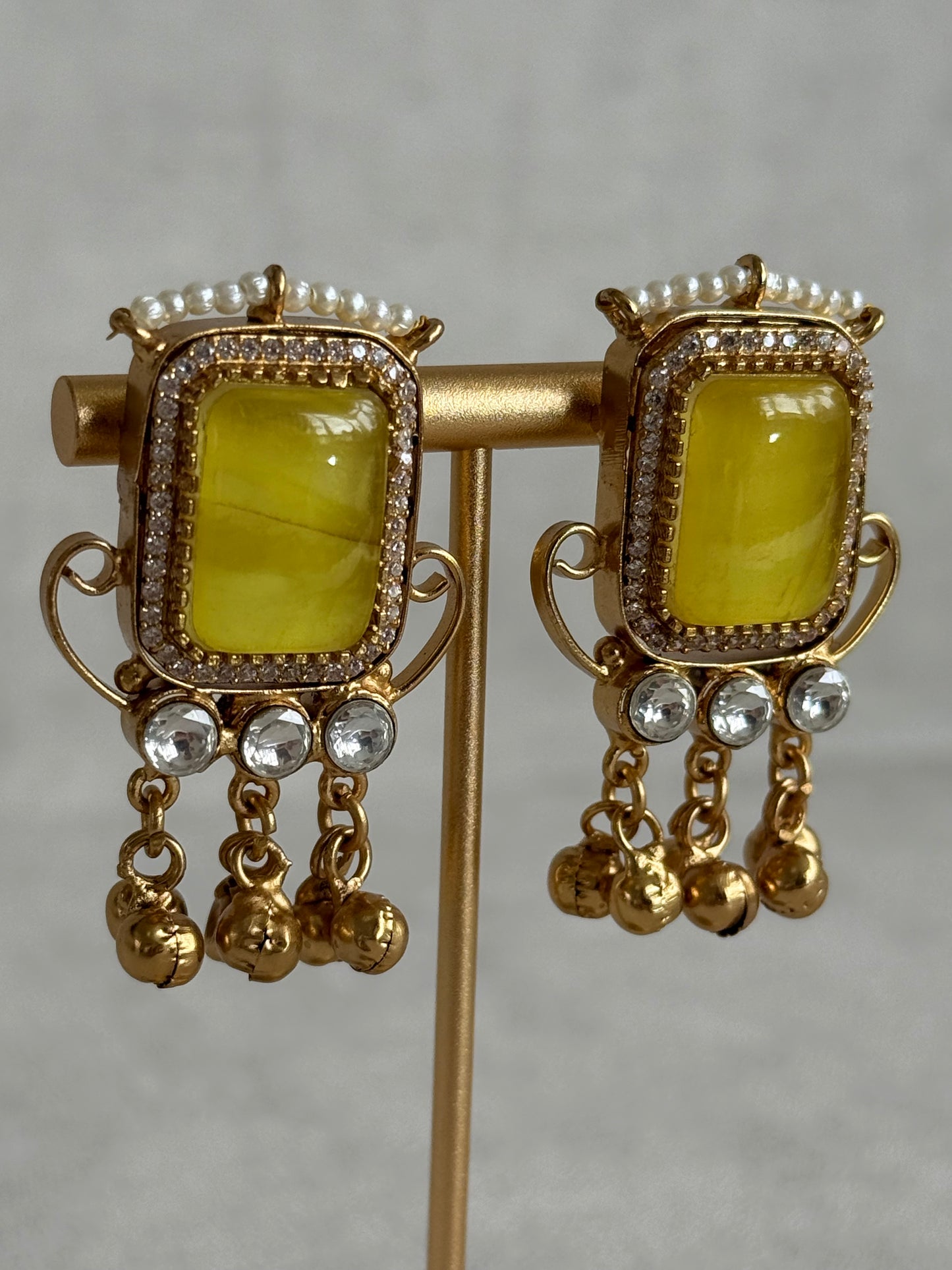 Ayura Designs Aleena Earrings – Marigold Stone Stud Earrings with Pearls & Ghungroo Detailing