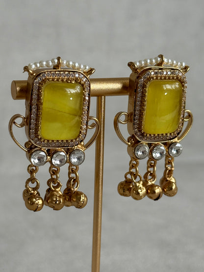 Ayura Designs Aleena Earrings – Marigold Stone Stud Earrings with Pearls & Ghungroo Detailing