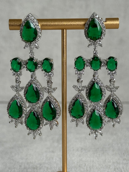 Ayura Designs Zarmina Necklace Set with Earrings – Emerald Green Teardrop Stones, Diamond-Cut Crystals & Rhodium Finish