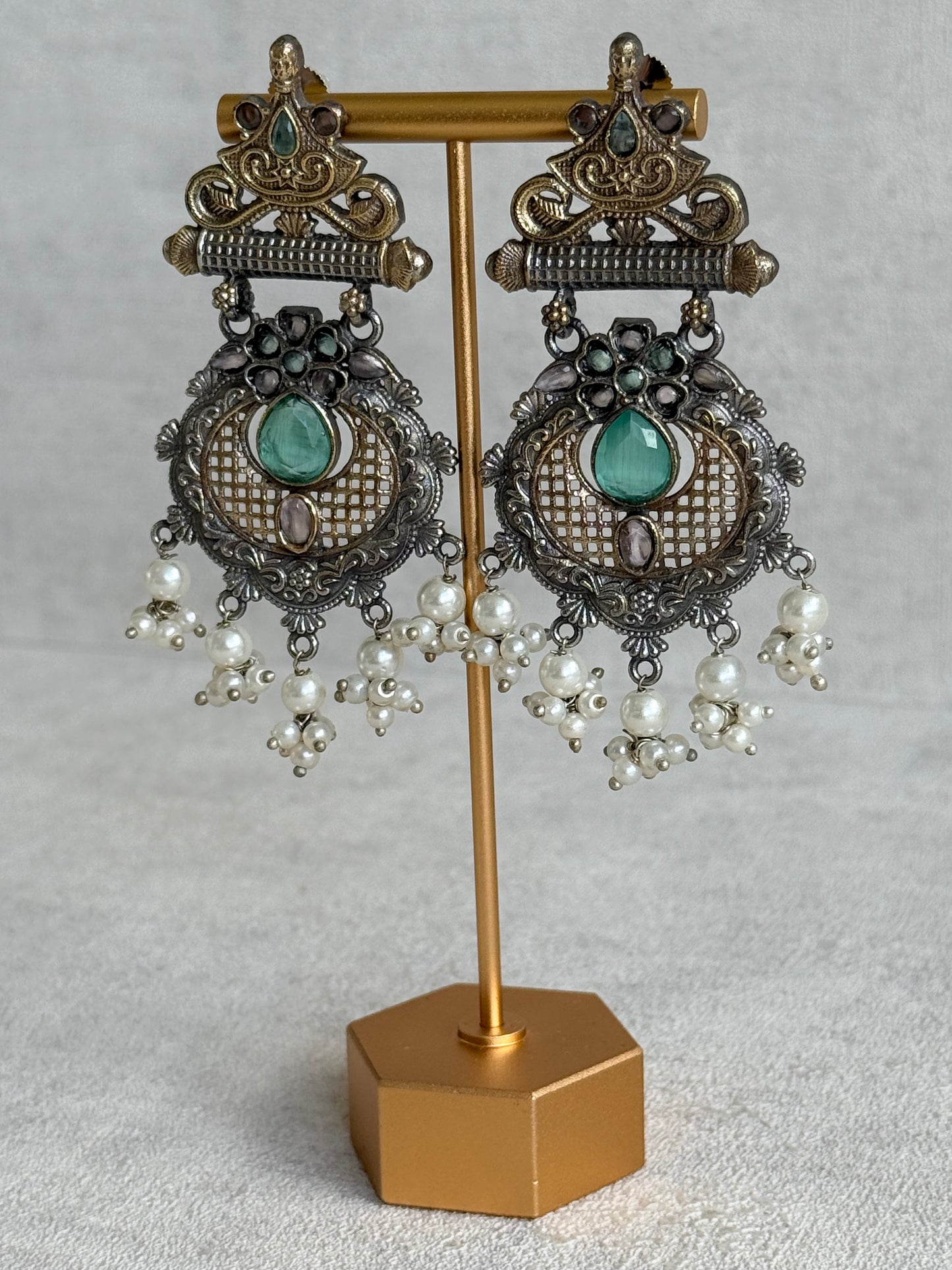 Ayura Designs Haya Earrings – Oxidised Statement Earrings with Aqua & Blush Stone Detailing