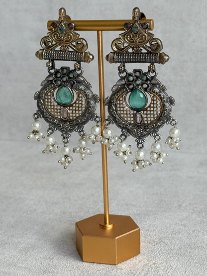Ayura Designs Haya Earrings – Oxidised Statement Earrings with Aqua & Blush Stone Detailing