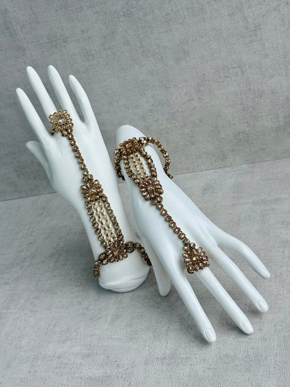 Ayura Designs Rupi Haathphool – Antique Gold with Champagne Stones & Pearl Detailing