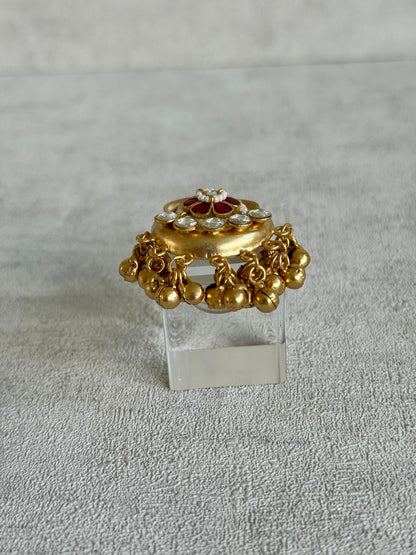 Ayura Designs Sochi Ring – Adjustable Antique Gold Ring with Hot Pink Meenakari, Mirror-Cut Stones & Ghungroo Detailing