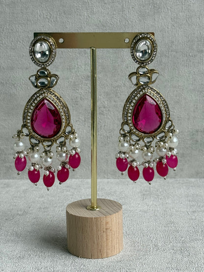Ayura Designs Nageen Earrings – Antique Gold Jhumkis with Hot Pink Stones, Mirror-Cut Accents & Pearl Drops