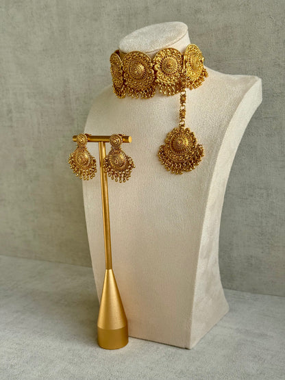 Ayura Designs Rami Choker Set with Earrings & Tikka – Antique Gold Medallions with Ghungroo Drops