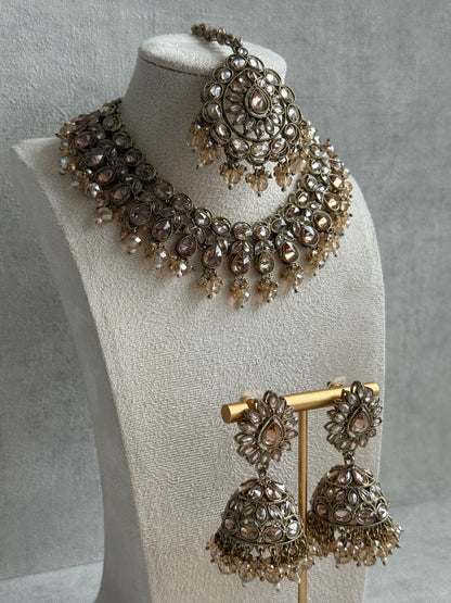 Ayura Designs Emaan Set with Jhumkis & Tikka – Champagne Stones, Antique Gold Finish & Crystal Detailing