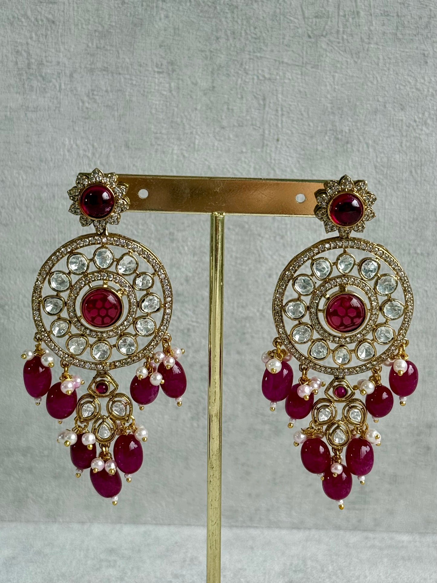 Ayura Designs Harper Set – Antique Gold Choker & Earrings with Deep Berry Pink Beads, Kundan Stones & Pearl Detailing