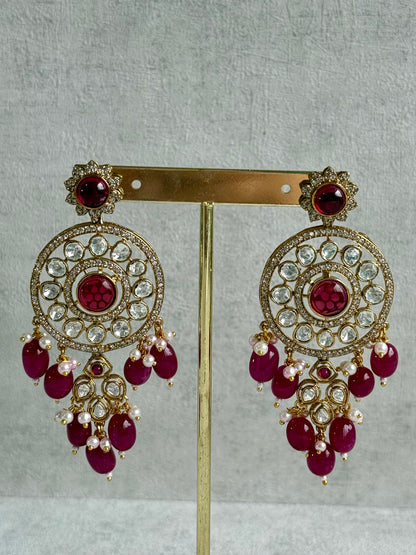 Ayura Designs Harper Set – Antique Gold Choker & Earrings with Deep Berry Pink Beads, Kundan Stones & Pearl Detailing