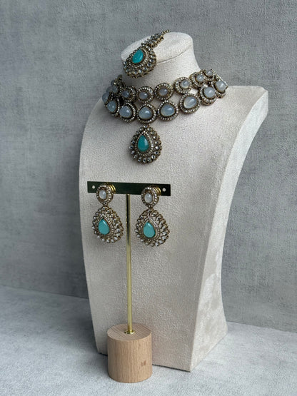 Ayura Designs Tamara Set with Necklace, Earrings & Tikka – Aqua & Opal Stones with Kundan Detailing in Antique Gold Finish