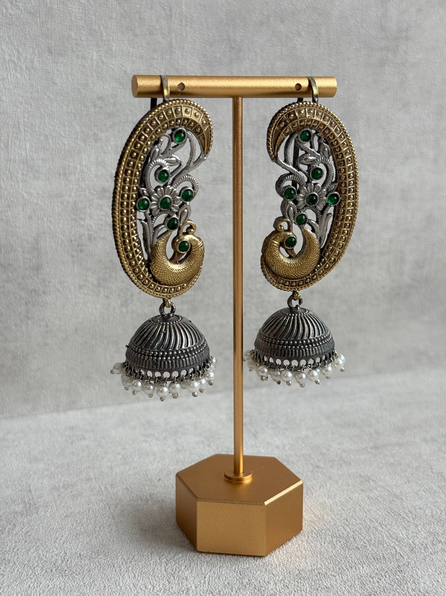 Ayura Designs Fasana Earrings – Dual Tone Oxidised Peacock Ear Climbers with Emerald Green Stones & Pearl Drops