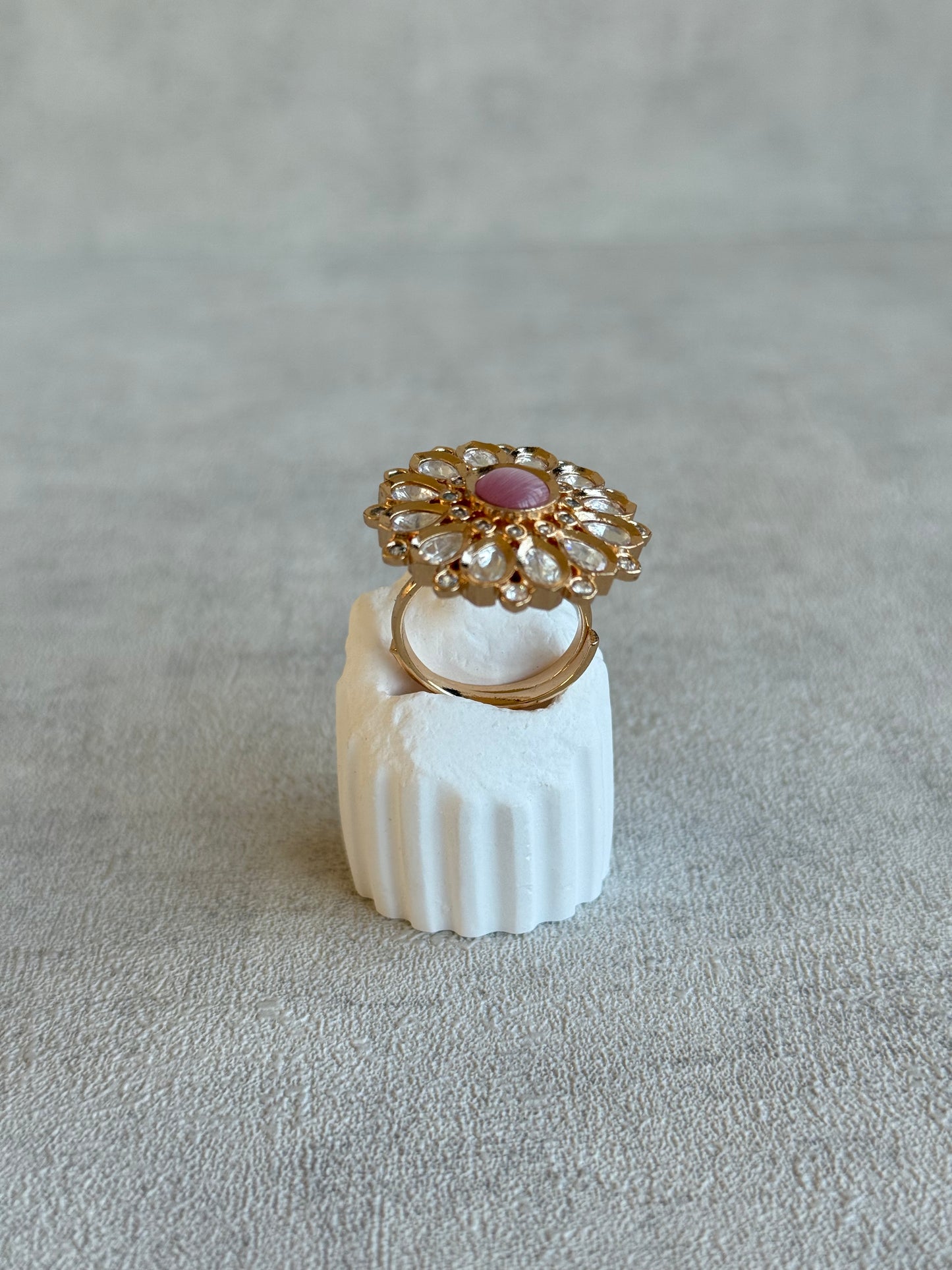 Ayura Designs Luisa Adjustable Ring – Blush Pink Centre Stone with Crystal Petal Detailing