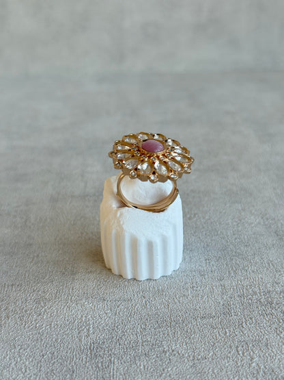 Ayura Designs Luisa Adjustable Ring – Blush Pink Centre Stone with Crystal Petal Detailing