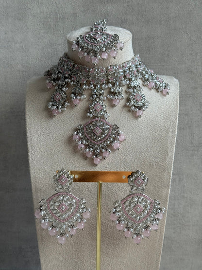 Ayura Designs Kanika Set – Necklace, Earrings & Tikka with Blush Pink Beads, Mirror-Cut Stones & Silver Finish