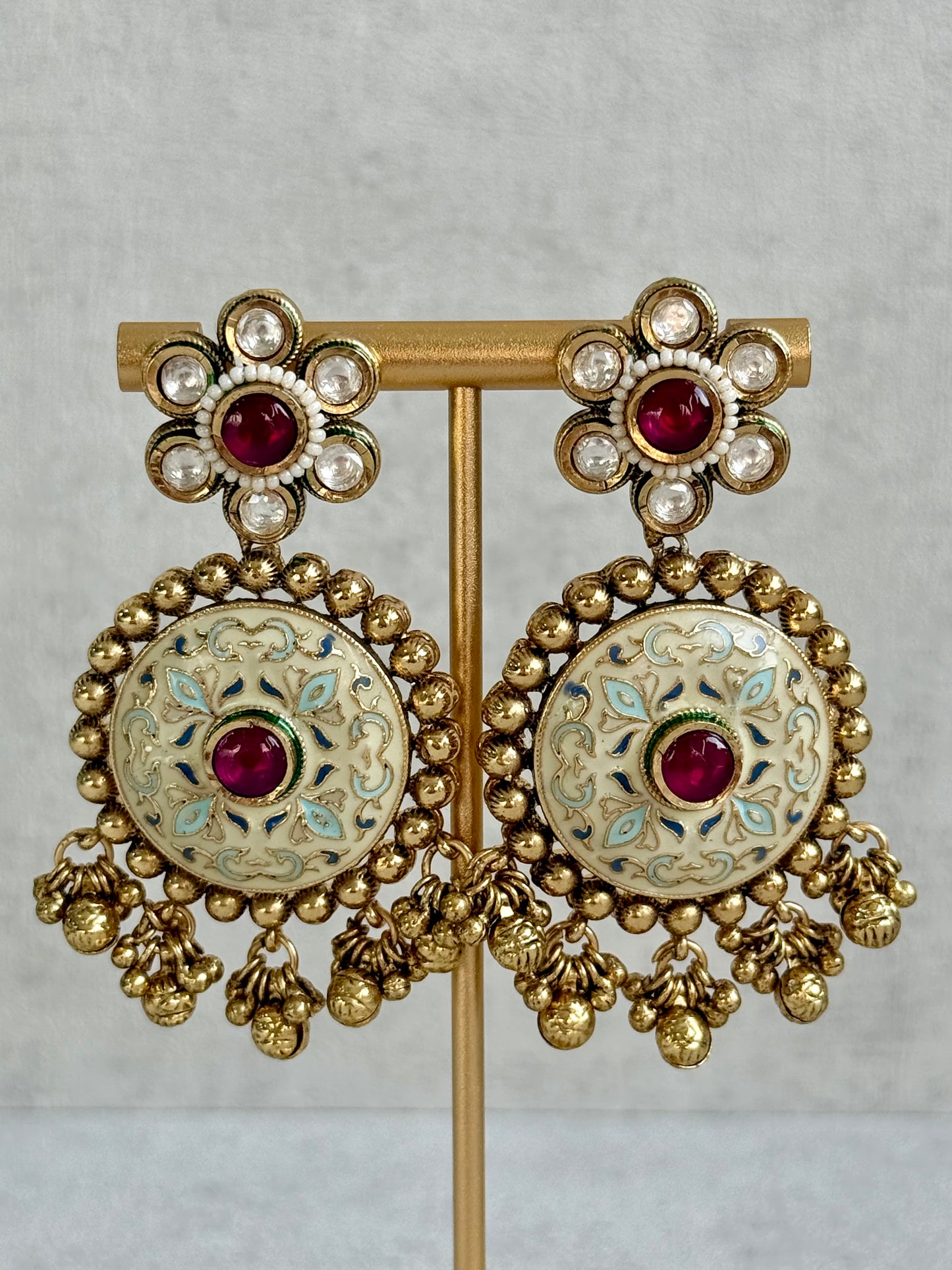 Ayura Designs Zayna Set with Necklace & Earrings – Ivory Meenakari with Rani Pink Stones