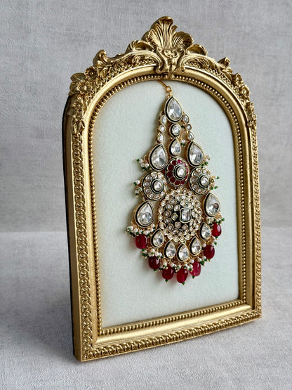 Ayura Designs Suhana Jhoomar Passa – Kundan Jhoomar with Ruby Red Drops, Pearl Detailing & Green Bead Accents