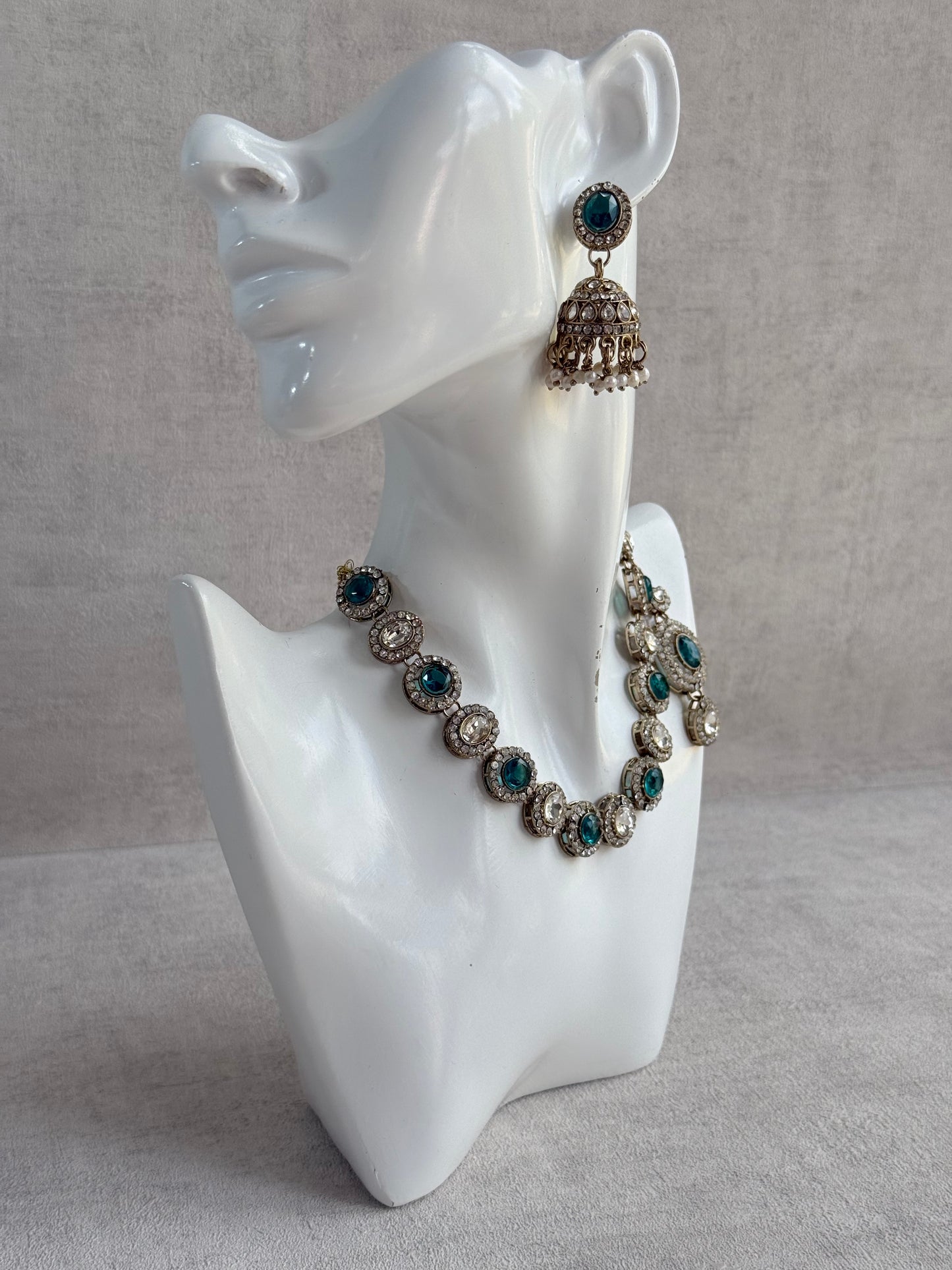 Ayura Designs Eira Necklace Set with Earrings & Tikka – Teal & Crystal Stones with Antique Gold Finish