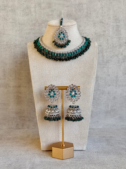 Ayura Designs Saima Set – Necklace, Jhumkis & Tikka in Peacock Green with Silver Finish