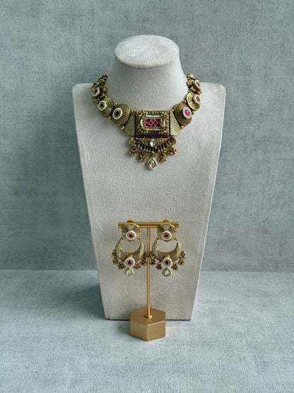 Ayura Designs Purvi Set – Necklace & Earrings with Antique Gold Filigree, Fuchsia Pink & Pearl Detailing