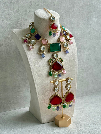 Ayura Designs Lara Set – Statement Multicolour Necklace, Earrings & Tikka with Ruby, Emerald & Pastel Beads