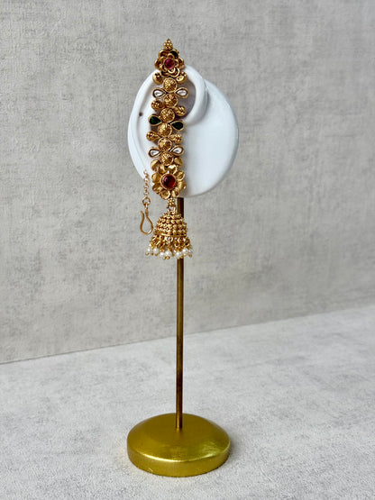 Ayura Designs Keerti Jhumkis – Antique Gold Kannauti Earrings with Ruby Pink & Emerald Green Stones, Mirror-Cut Detailing & Pearl Drops