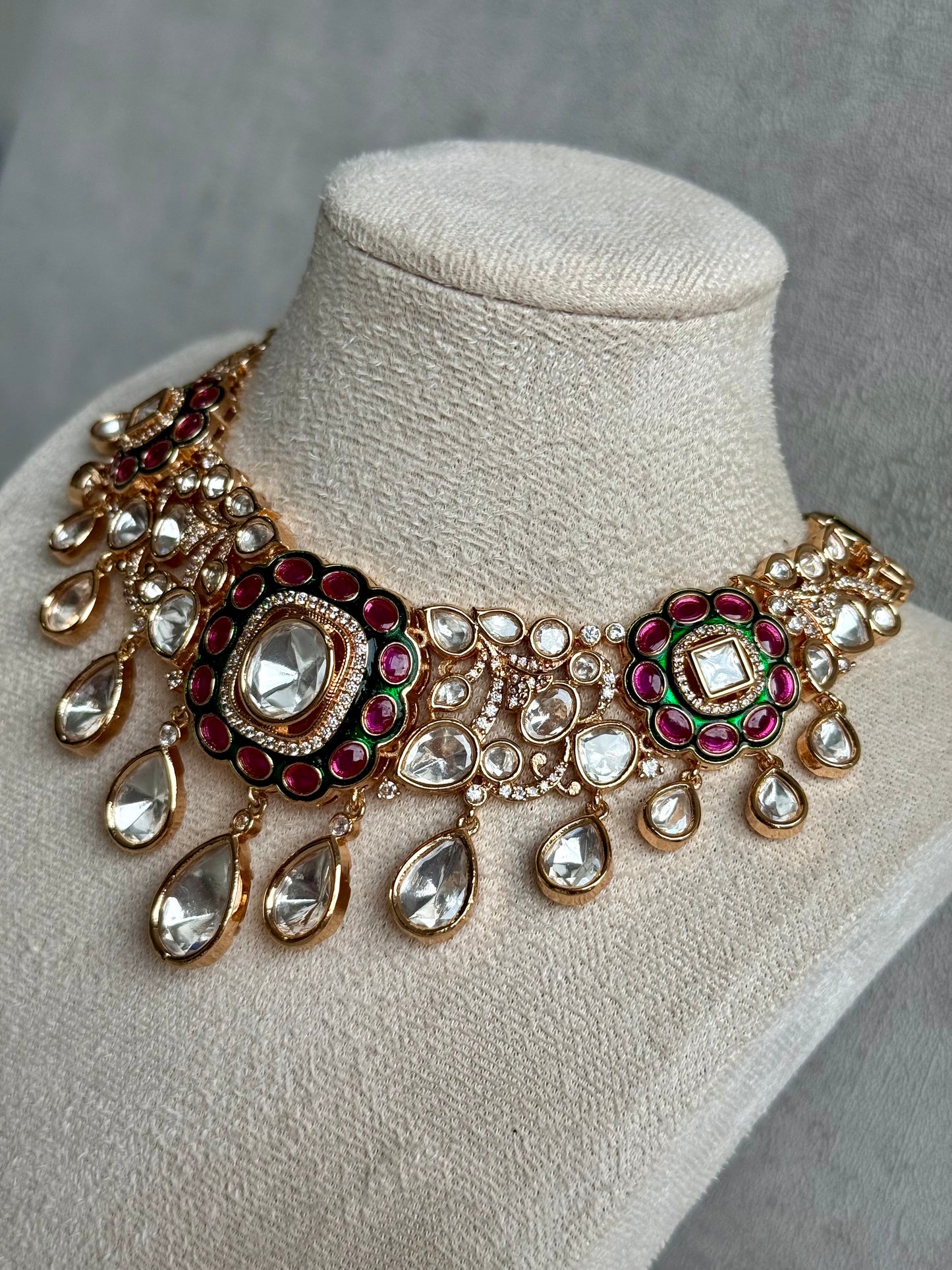 Ayura Designs Ishika Set – Kundan Necklace with Pink & Green Meenakari and Teardrop Crystals