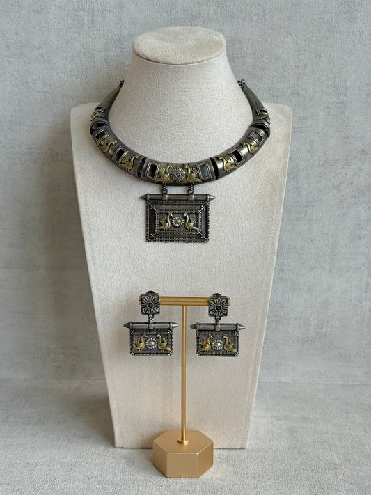 Ayura Designs Naina Necklace Set with Earrings – Dual Tone Oxidised Necklace with Bird Motifs, Black Stone Detailing & Statement Pendant