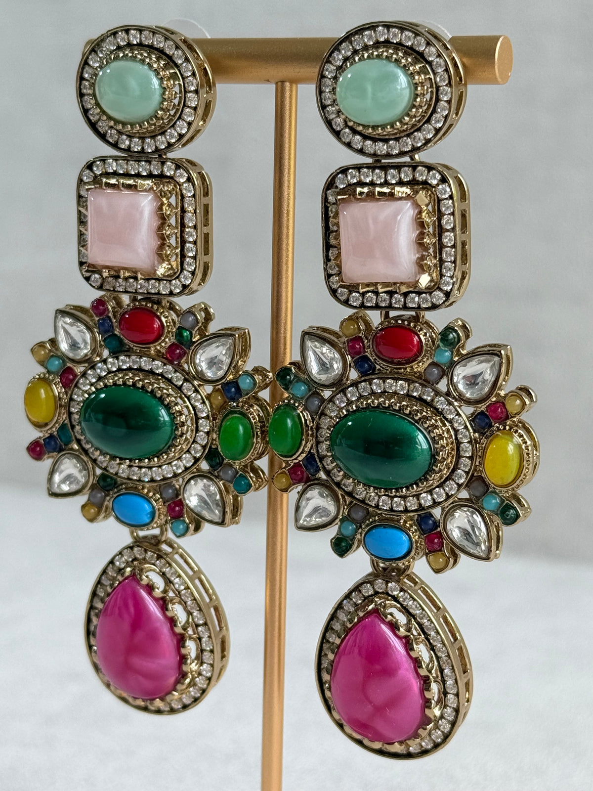 Ayura Designs Jeenat Earrings – Multicolour Stones, Crystal Detailing & Rani Pink Teardrops