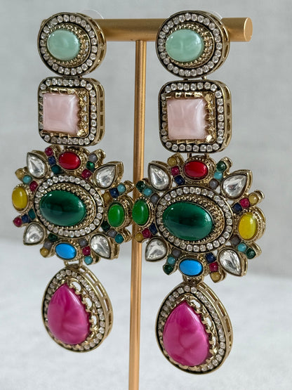 Ayura Designs Jeenat Earrings – Multicolour Stones, Crystal Detailing & Rani Pink Teardrops