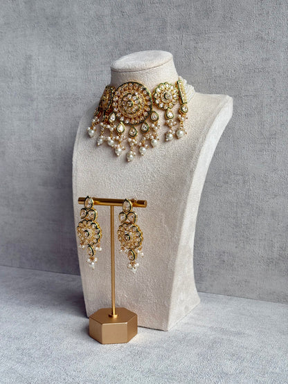 Ayura Designs Khusali Set – Necklace & Earrings with Kundan Stones, Green Enamel, and Pearl Detailing