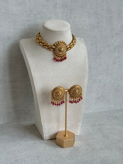 Ayura Designs Rania Choker Set with Studs – Antique Gold Floral Medallion Choker with Ruby Pink Bead Detailing