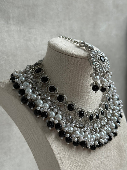 Ayura Designs Barira Set – Necklace, Jhumkis & Tikka with Black Stones, Pearls & Antique Silver Finish