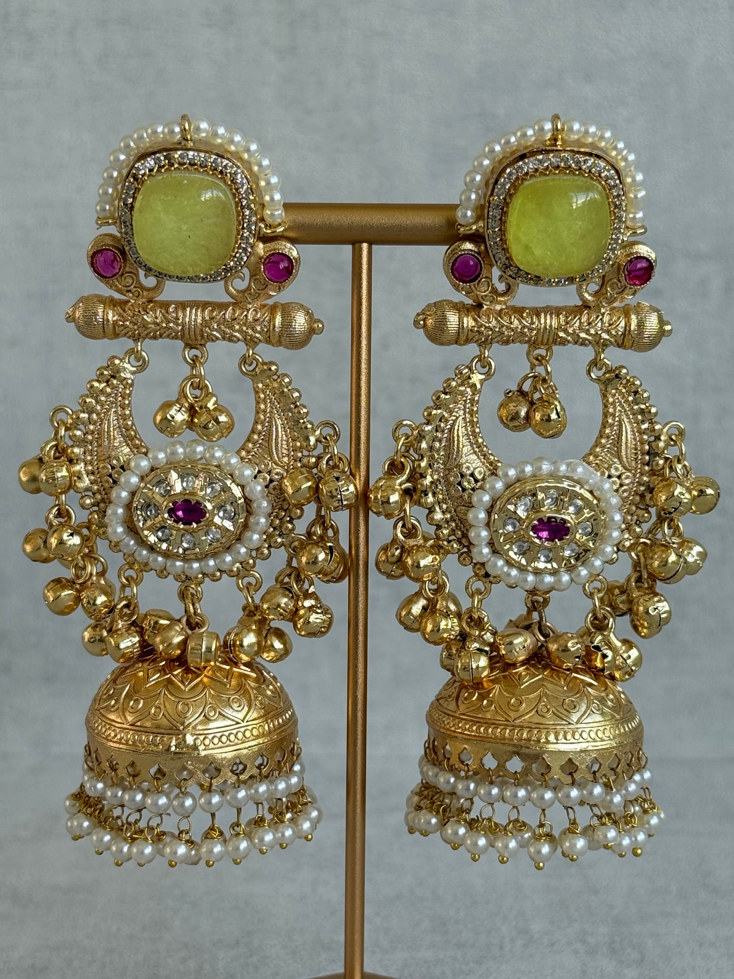 Ayura Designs Mahwish Jhumkis – Lime Yellow Stones, Pearls & Ghungroo Detailing