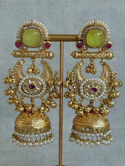 Ayura Designs Mahwish Jhumkis – Lime Yellow Stones, Pearls & Ghungroo Detailing