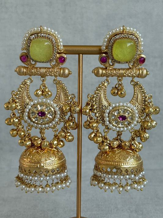 Ayura Designs Mahwish Jhumkis – Lime Yellow Stones, Pearls & Ghungroo Detailing