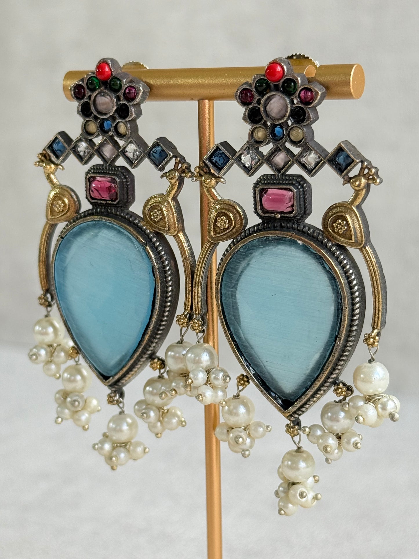 Ayura Designs Kafila Earrings – Dual Tone Oxidised Earrings with Peacock Motifs, Aqua Blue & Multicolour Stones